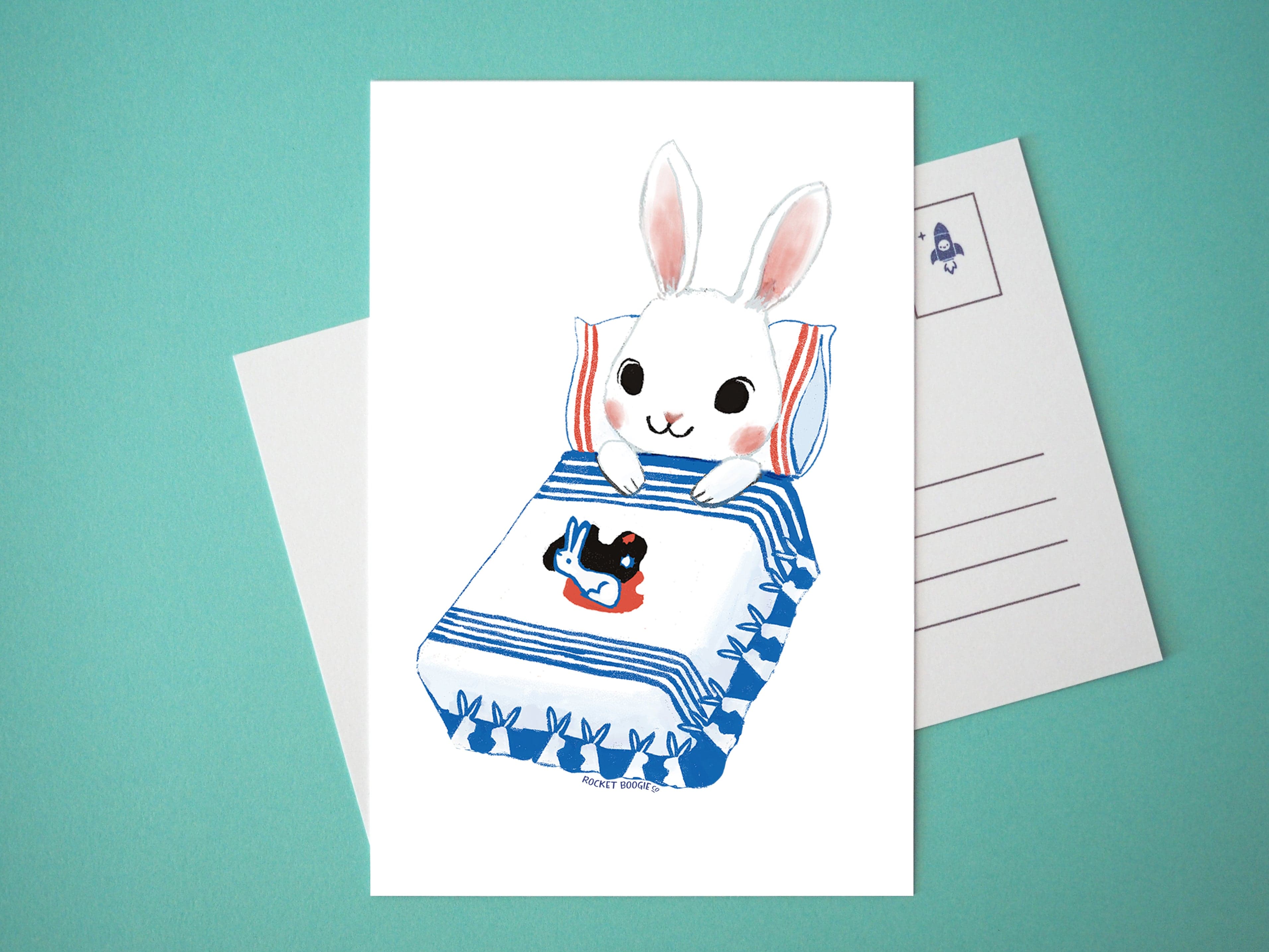 White Rabbit Bunny Bedtime Mini Print / Postcard