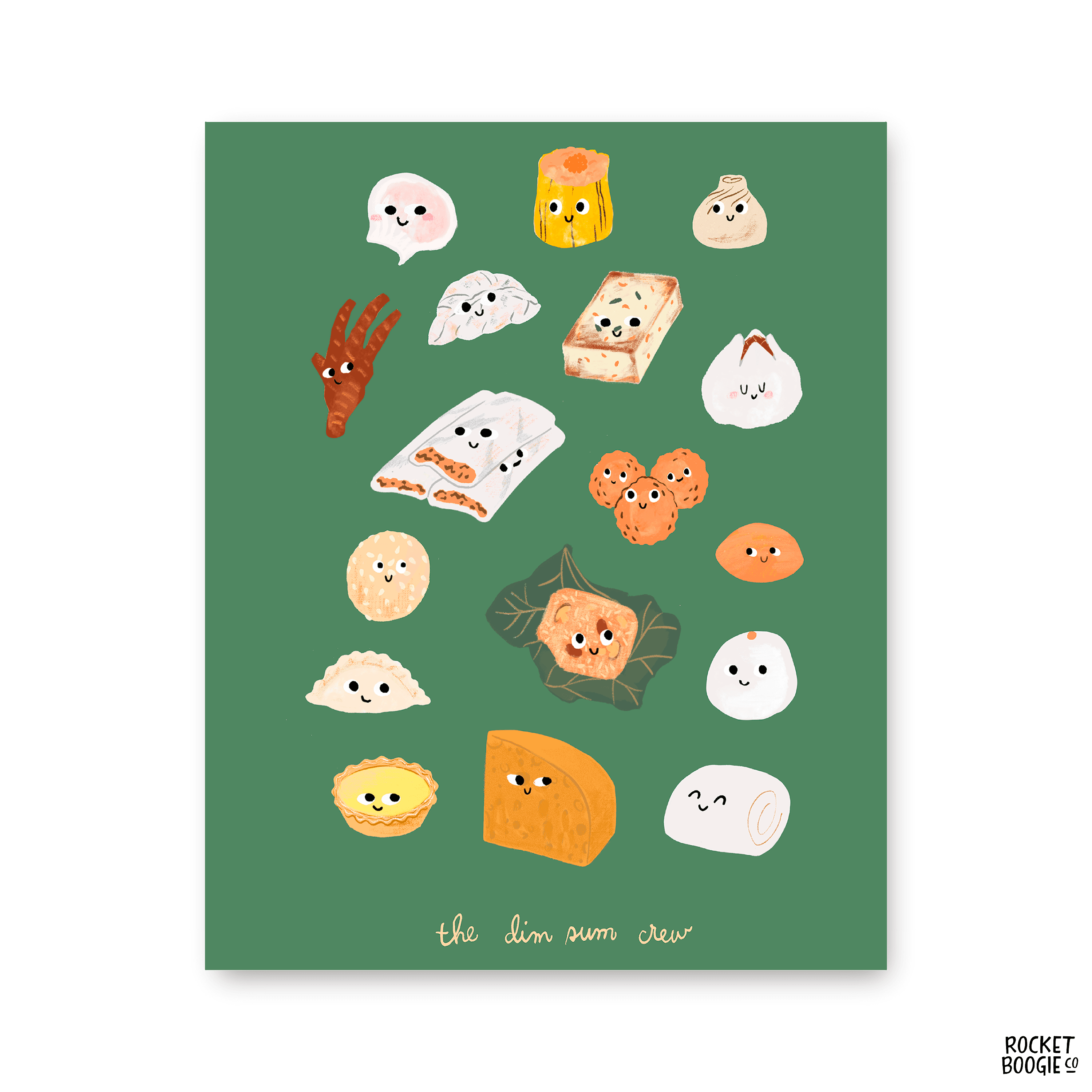 A colorful illustration of various dim sum items with faces and names, printed on a green background with the title 'Dim Sum Crew' by Rocket Boogie Co.